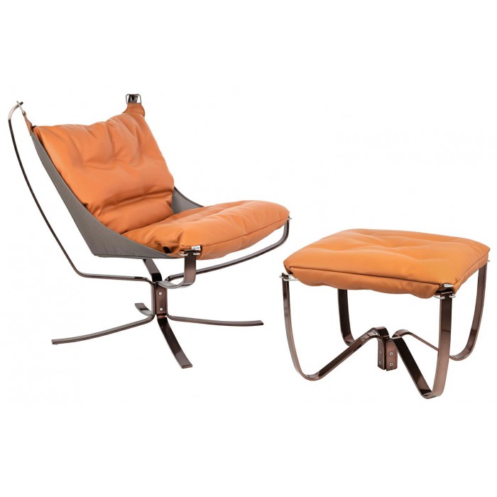 Fotel ARNI LOW z podnóżkiem - koniakowa ekoskóra, podstawa ciemna miedziana