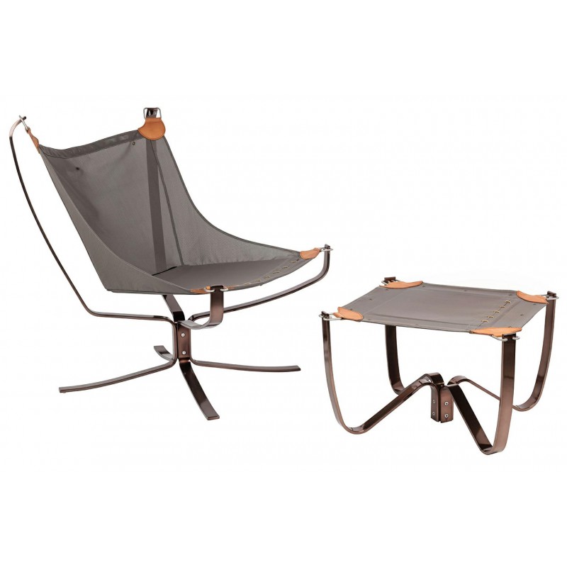 Fotel ARNI LOW z podnóżkiem - koniakowa ekoskóra, podstawa ciemna miedziana