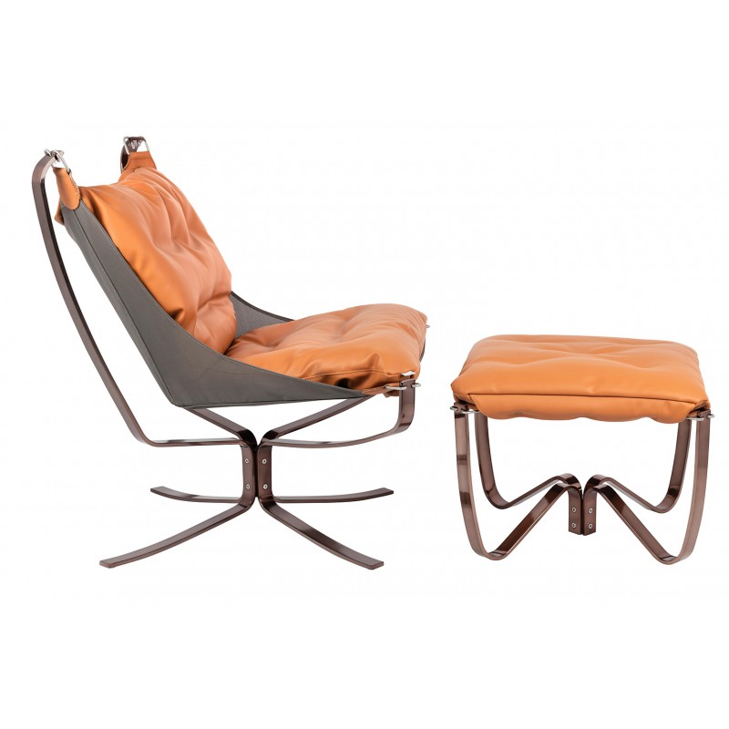 Fotel ARNI LOW z podnóżkiem - koniakowa ekoskóra, podstawa ciemna miedziana