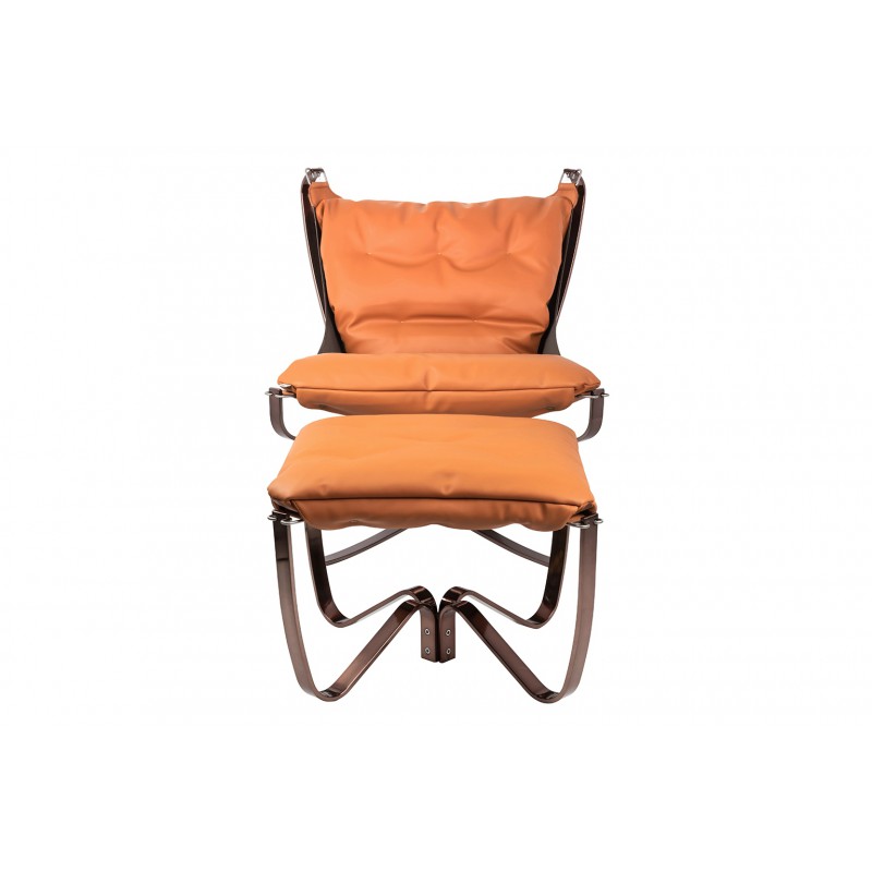 Fotel ARNI LOW z podnóżkiem - koniakowa ekoskóra, podstawa ciemna miedziana