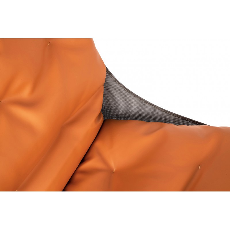 Fotel ARNI LOW z podnóżkiem - koniakowa ekoskóra, podstawa ciemna miedziana