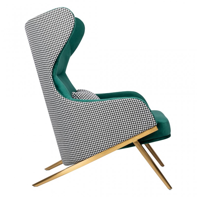 Fotel HAMPTON VELVET ciemny zielony, tkanina pepitka biało - czarna - złota podstawa