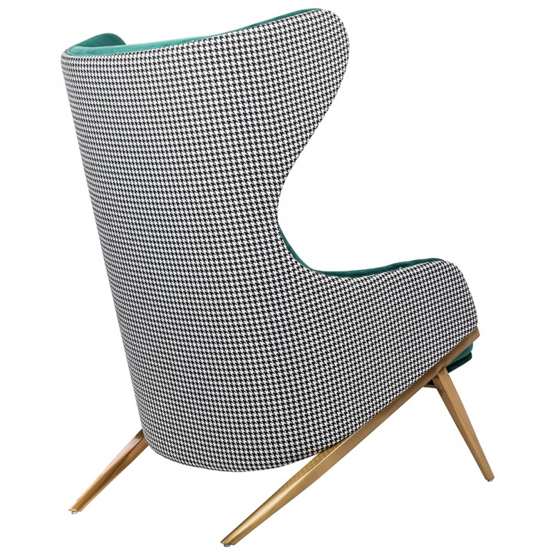 Fotel HAMPTON VELVET ciemny zielony, tkanina pepitka biało - czarna - złota podstawa