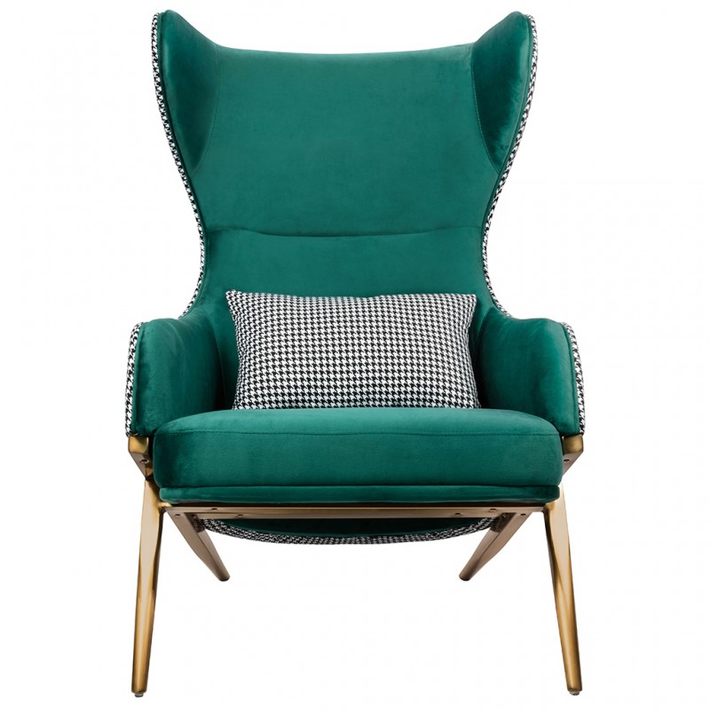 Fotel HAMPTON VELVET ciemny zielony, tkanina pepitka biało - czarna - złota podstawa
