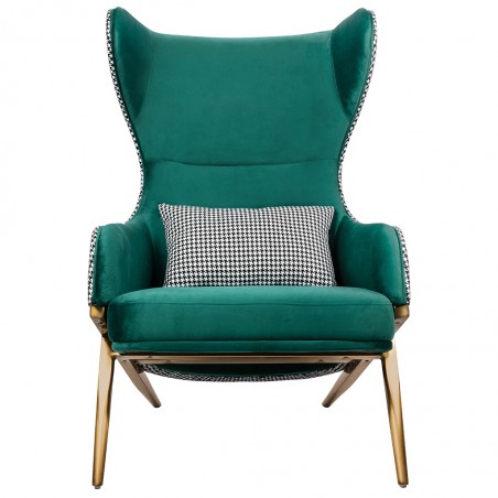 Fotel HAMPTON VELVET ciemny zielony, tkanina pepitka biało - czarna - złota podstawa