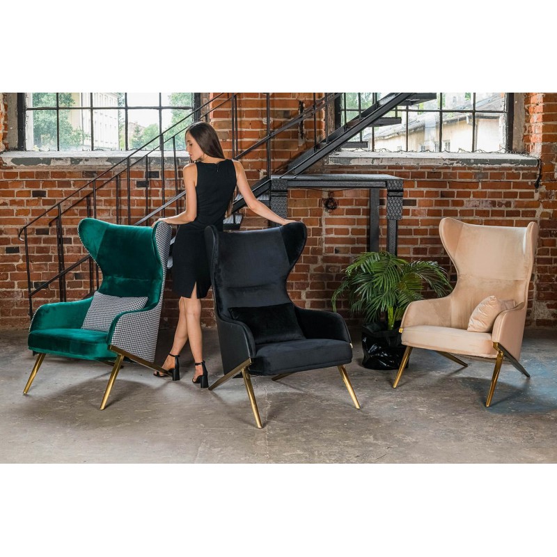 Fotel HAMPTON VELVET ciemny zielony, tkanina pepitka biało - czarna - złota podstawa