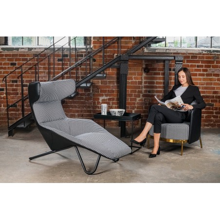 Leżanka VITA tkanina pepitka biało - czarna, ekoskóra czarna