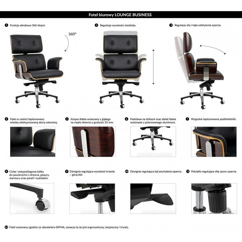 Fotel biurowy LOUNGE BUSINESS czarny - sklejka różana, skóra naturalna, stal polerowana