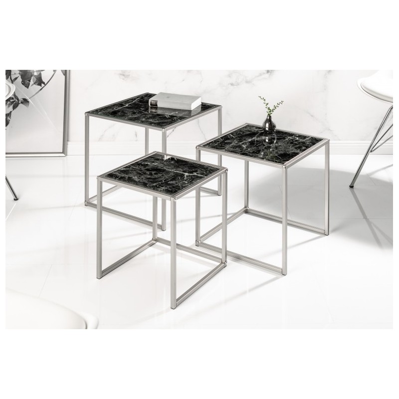 INVICTA zestaw stolików ELEMENTS 3 czarne szkło - imitacja marmuru