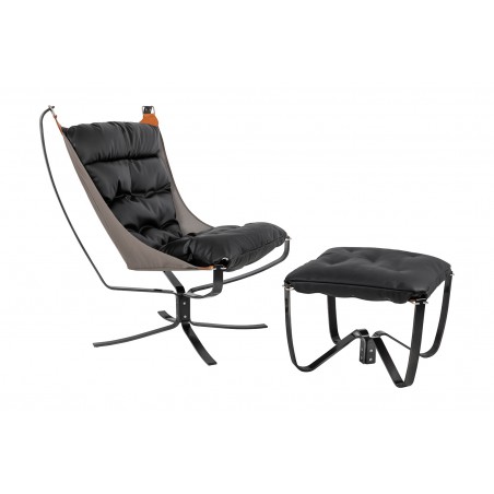 Fotel ARNI HIGH z podnóżkiem czarny - ekoskóra, stal szczotkowana
