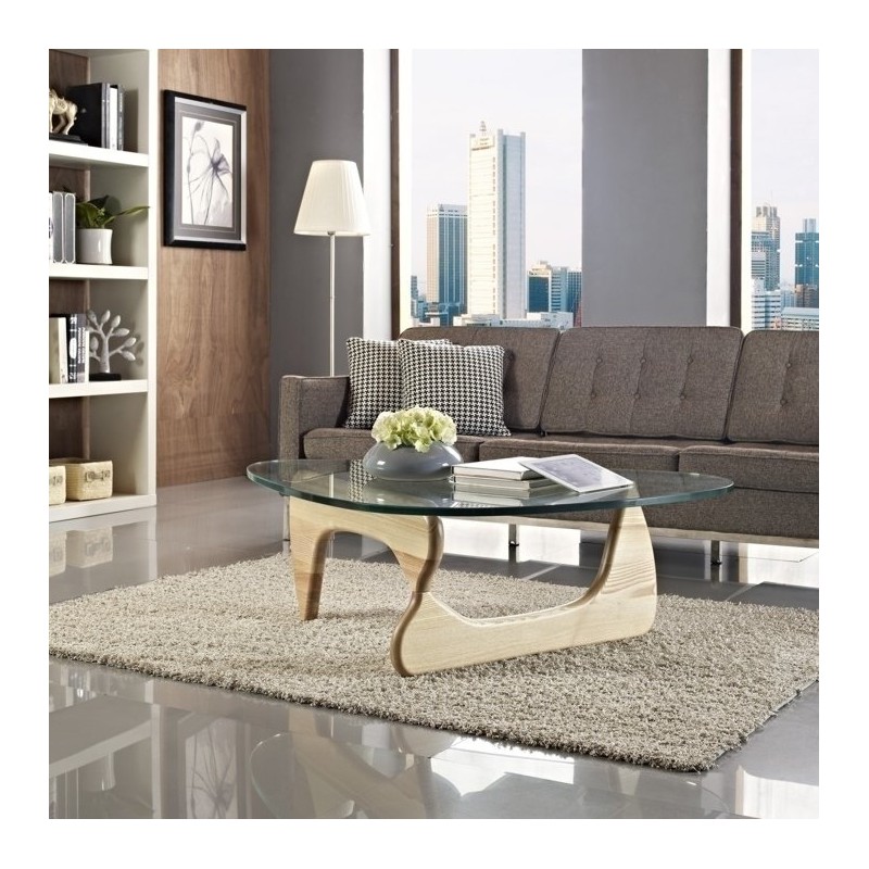 Stolik STABLE - szkło transparentne, podstawa drewniana jesion