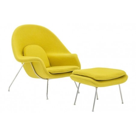 Fotel COZY z podnóżkiem, musztardowy.21 - wełna kaszmirowa, stal polerowana