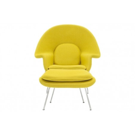 Fotel COZY z podnóżkiem, musztardowy.21 - wełna kaszmirowa, stal polerowana