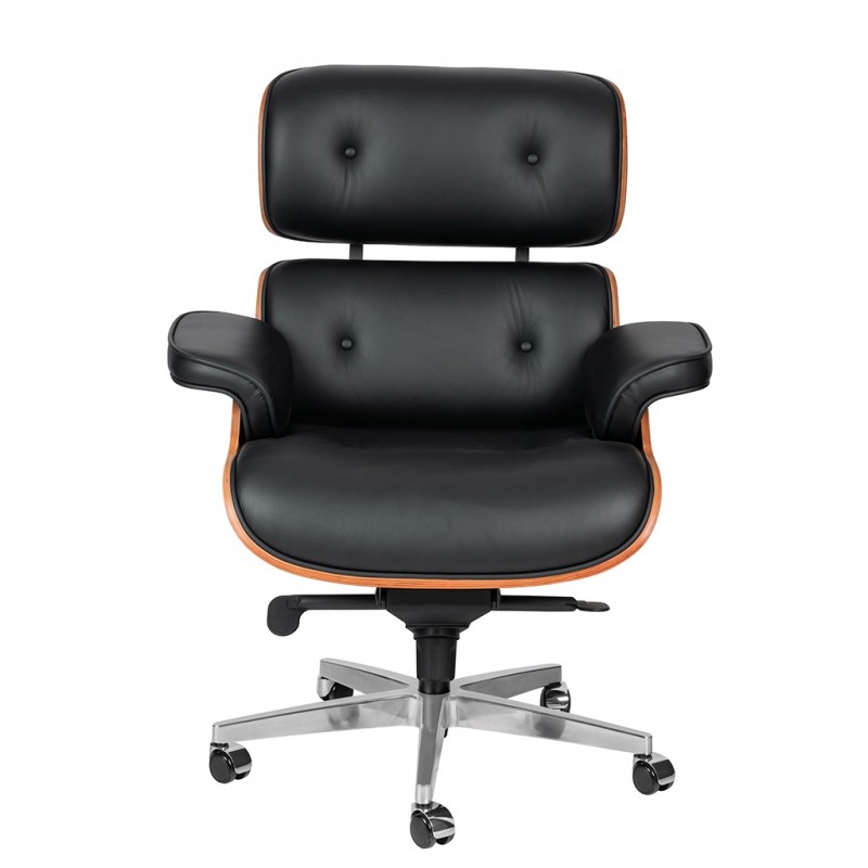 Fotel biurowy LOUNGE GUBERNATOR BIG XL czarny - sklejka orzech, skóra naturalna, stal polerowana