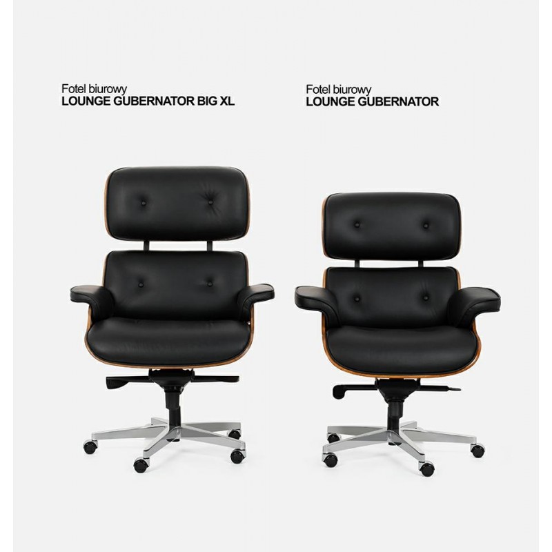 Fotel biurowy LOUNGE GUBERNATOR BIG XL czarny - sklejka orzech, skóra naturalna, stal polerowana