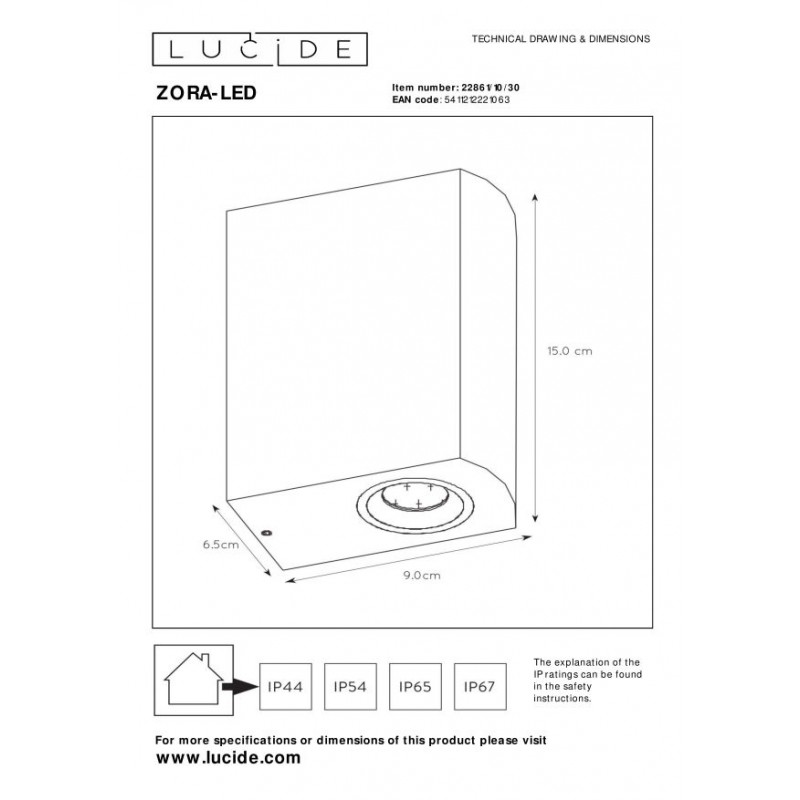 Lucide Lampa zewnętrzna ścienna ZORA-LED 22861/10/30 czarny