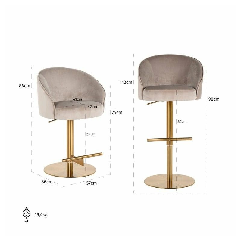RICHMOND krzesło barowe ZABI regulowane - welur, złota podstawa