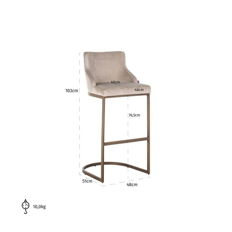 RICHMOND krzesło barowe BOLTON 76 khaki - welur, złota podstawa
