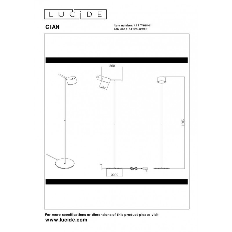 Lucide Lampa Podłogowa Gian 44717/08/41 Szary I Odcienie Szarości