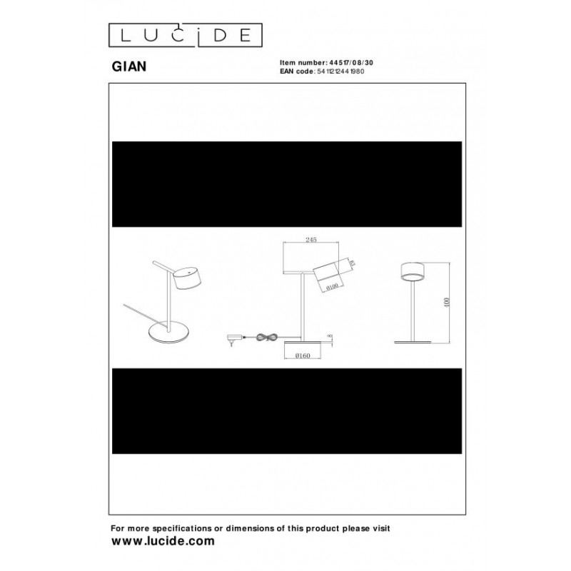 Lucide Lampa Stołowa Gian 44517/08/30 Czarny