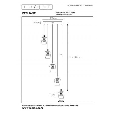 Lucide Lampa Wisząca Led Nowoczesna Berliane 00430/21/60 Złoty I Odcienie Złota