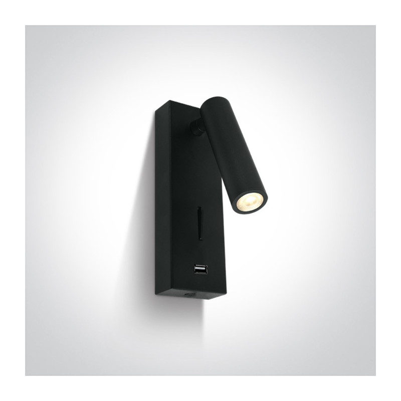 65746A/B/W czarna przyłóżkowa oprawa COB LED 3000K 3W  z USB i przełącznikiem zasilacz w zestawie