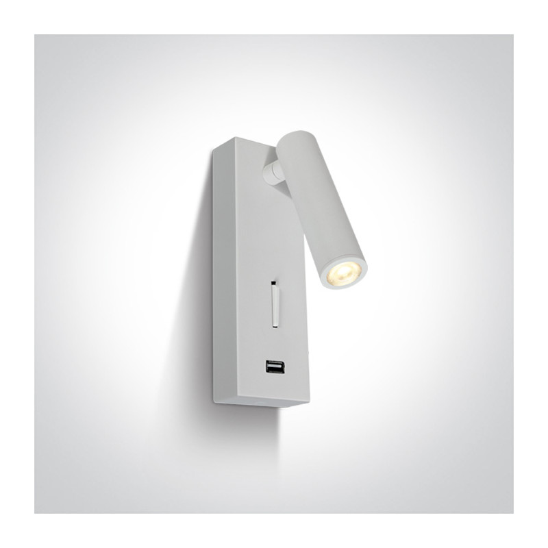 65746A/W/W biała przyłóżkowa oprawa COB LED 3000K 3W  z USB i przełącznikiem zasilacz w zestawie